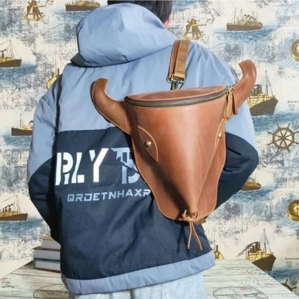 Bull Face Backpack Brown Custom Leather Shoulder Bag Travel Handbag Large